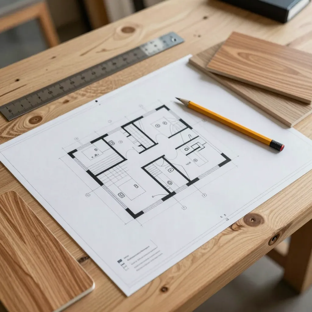 Floor plan blueprint with planning tools and hardwood samples