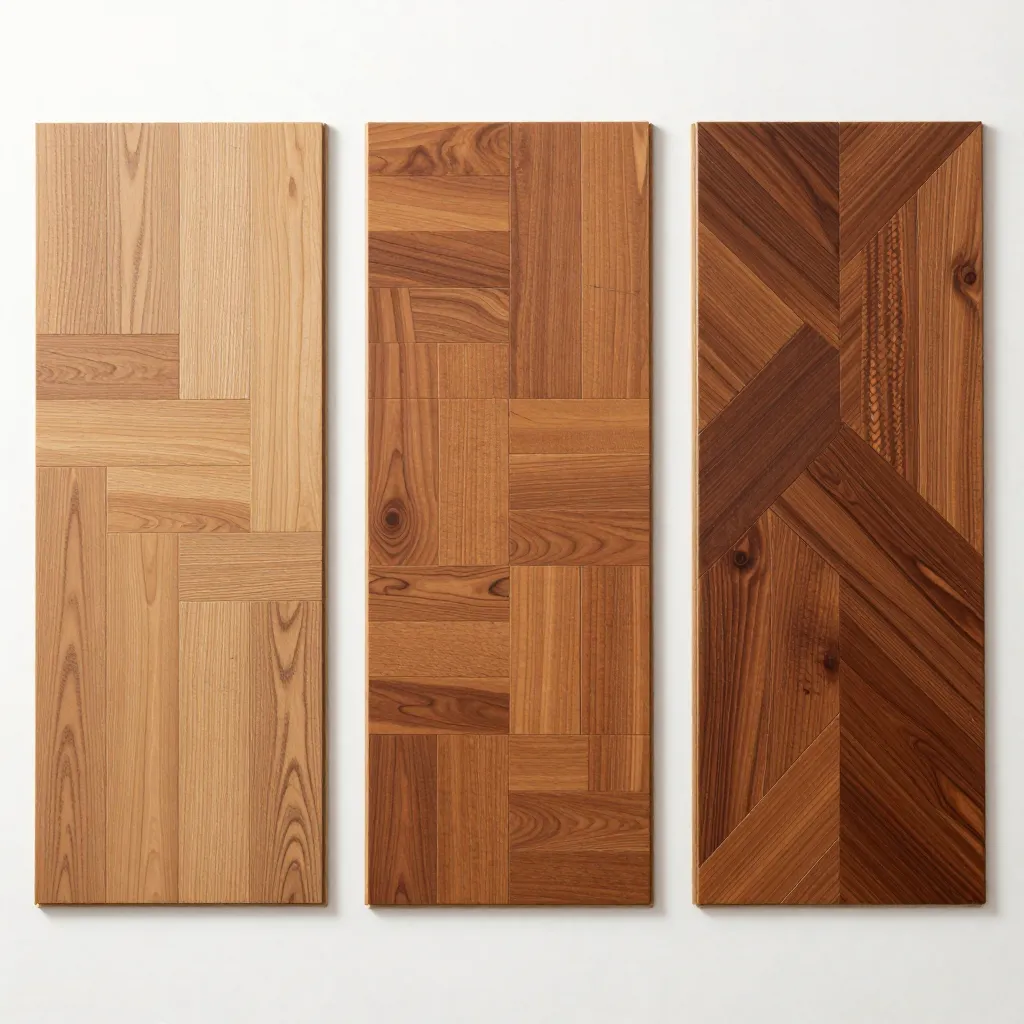 Three floorboard patterns compared - random stagger, brick offset, and herringbone