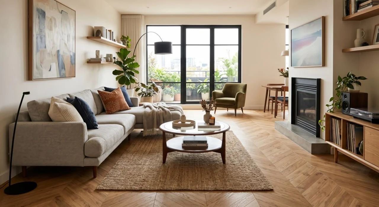 Modern living space with chevron pattern hardwood flooring showing bold architectural impact