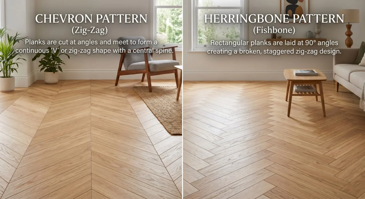 Side-by-side comparison showing chevron pattern with planks cut at 45 degrees meeting at sharp points, and herringbone pattern with rectangular planks meeting at 90 degree angles