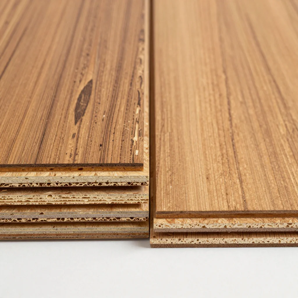 Cross-section comparison of engineered hardwood plywood layers versus solid hardwood single piece construction