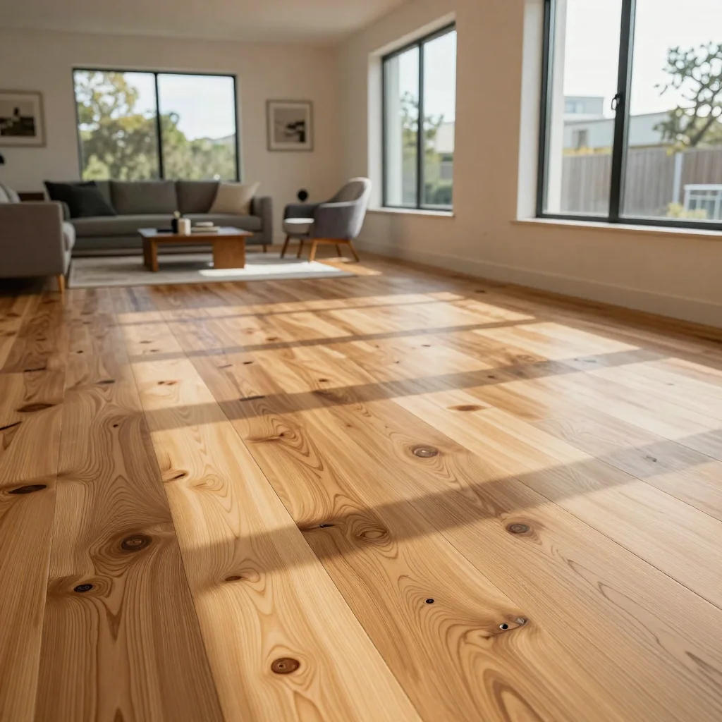 Beautiful hardwood flooring installed in a modern open-concept living room with natural light