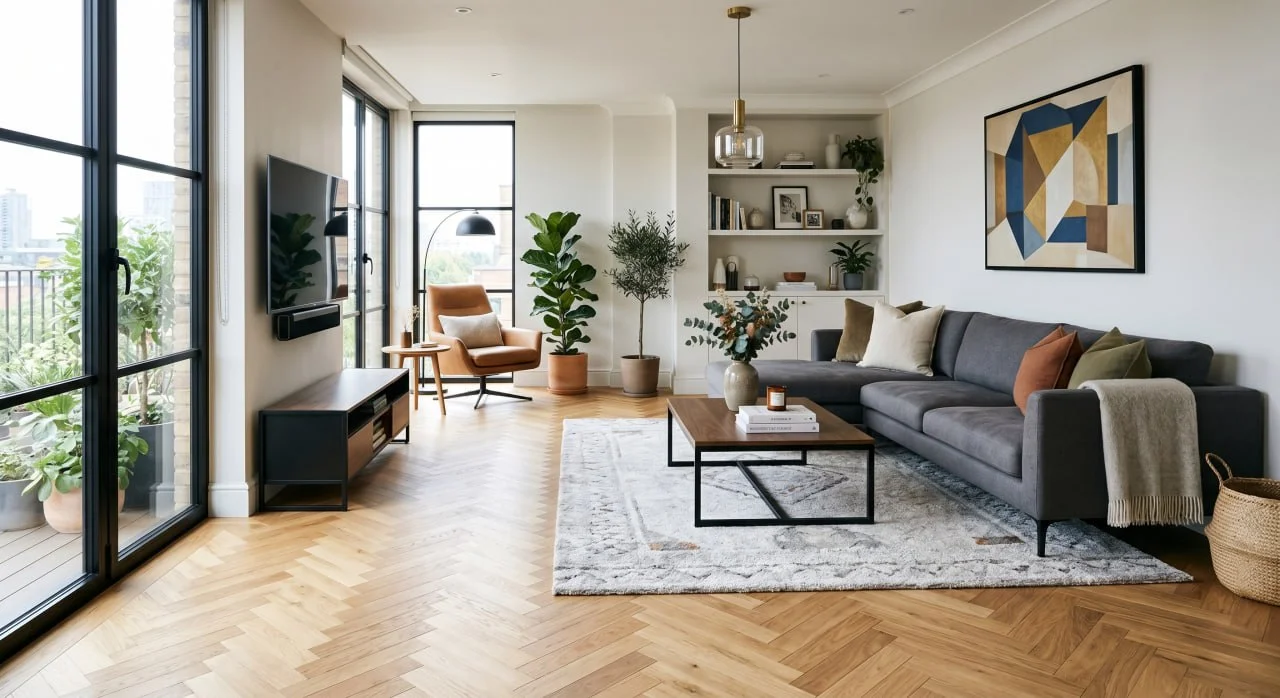 Living room with herringbone hardwood flooring in warm tones showing the staggered zigzag pattern
