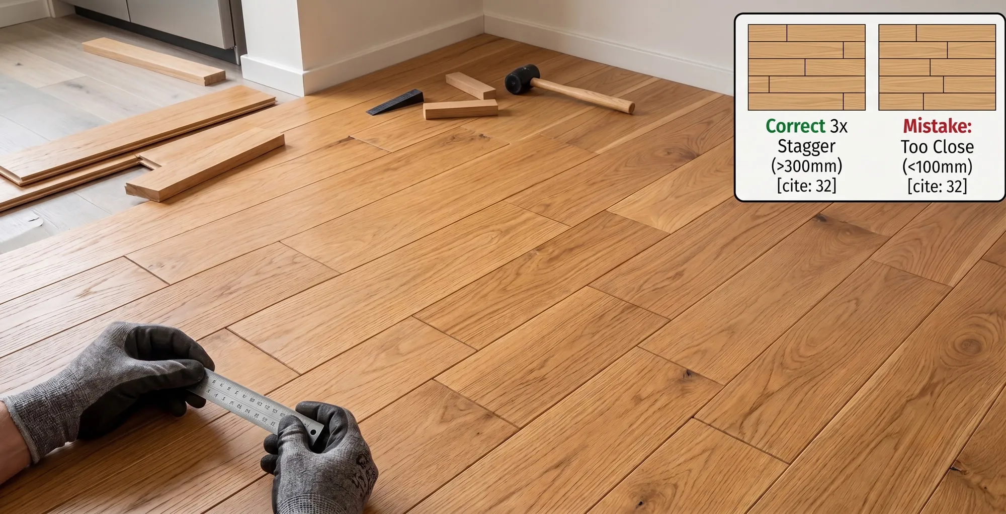 Floorboard installation showing end joints too close together with insufficient stagger distance