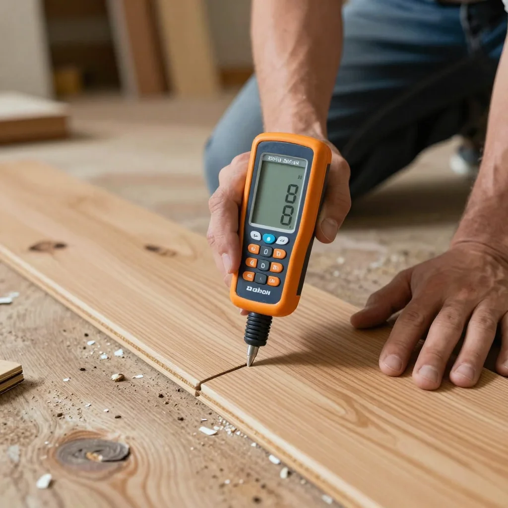 Moisture meter testing hardwood flooring plank during installation