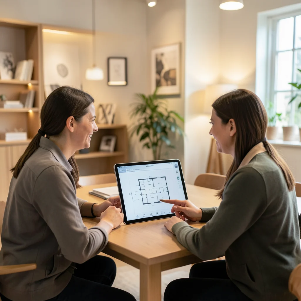 Person pointing at floor plan on computer screen during consultation