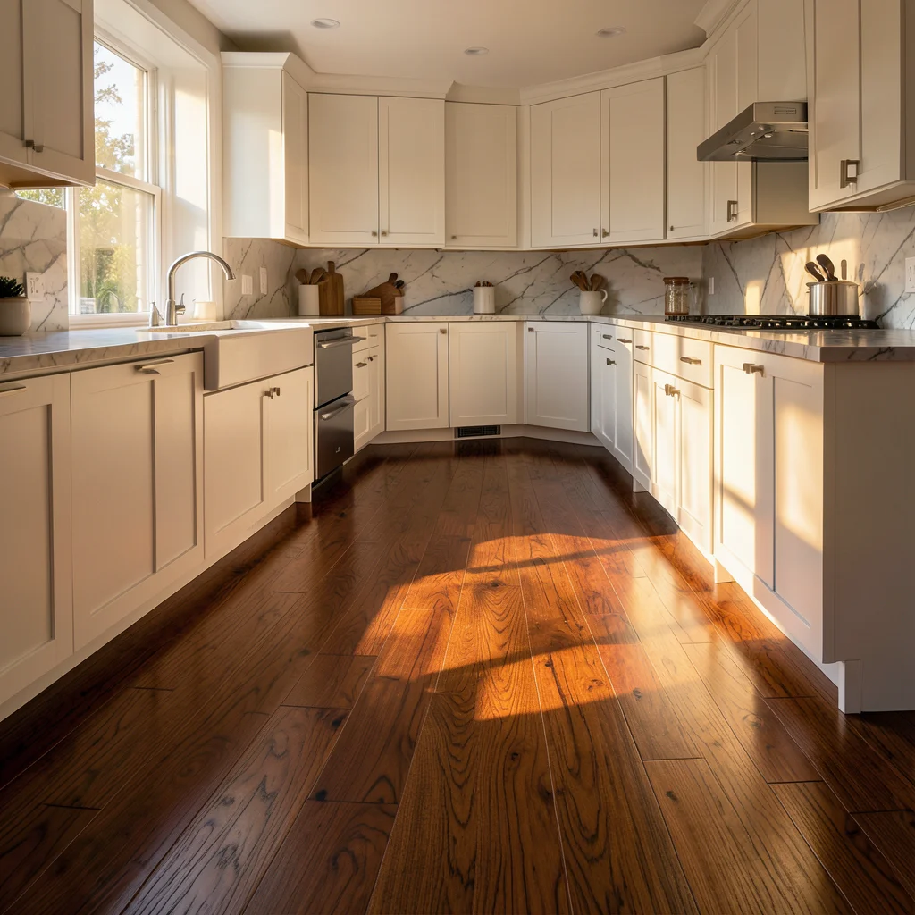 Beautiful completed hardwood floor in modern kitchen with golden hour lighting