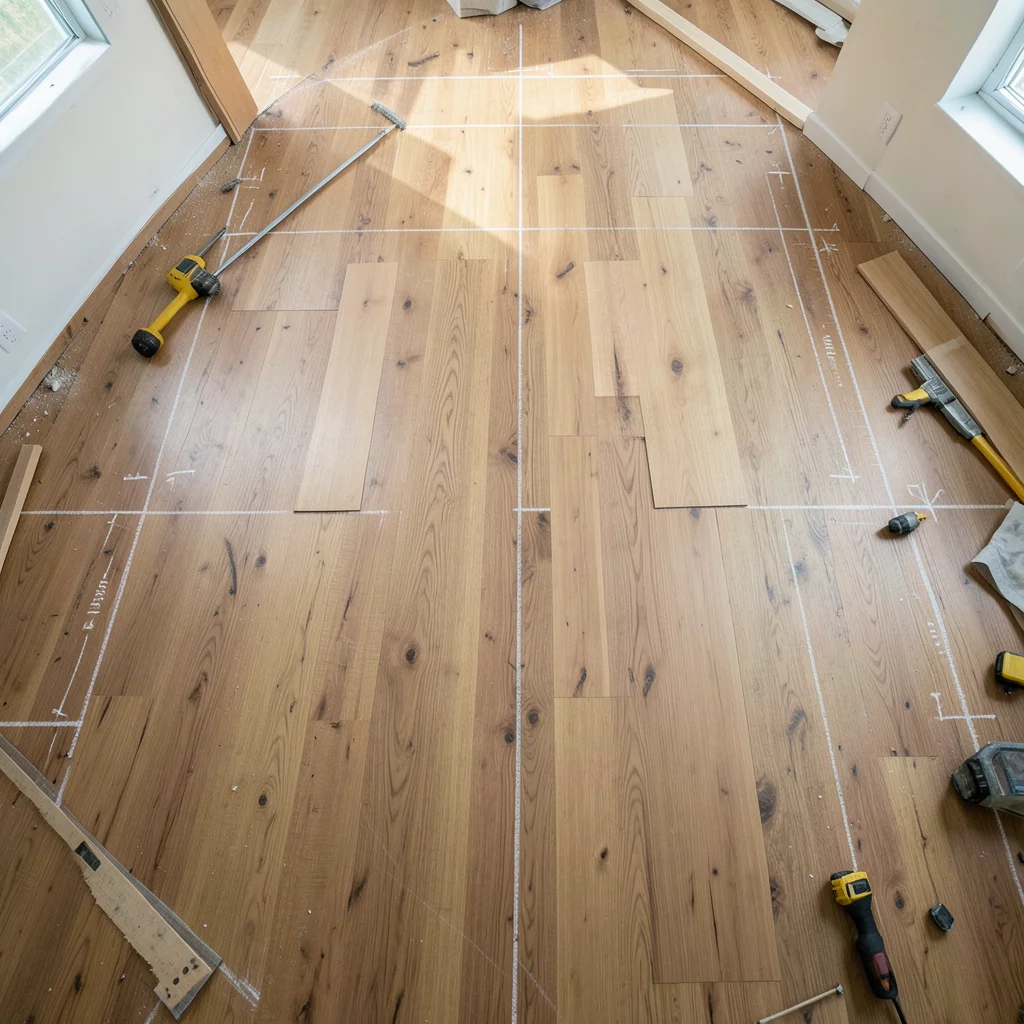 Overhead view of flooring installation in progress with measurement markings