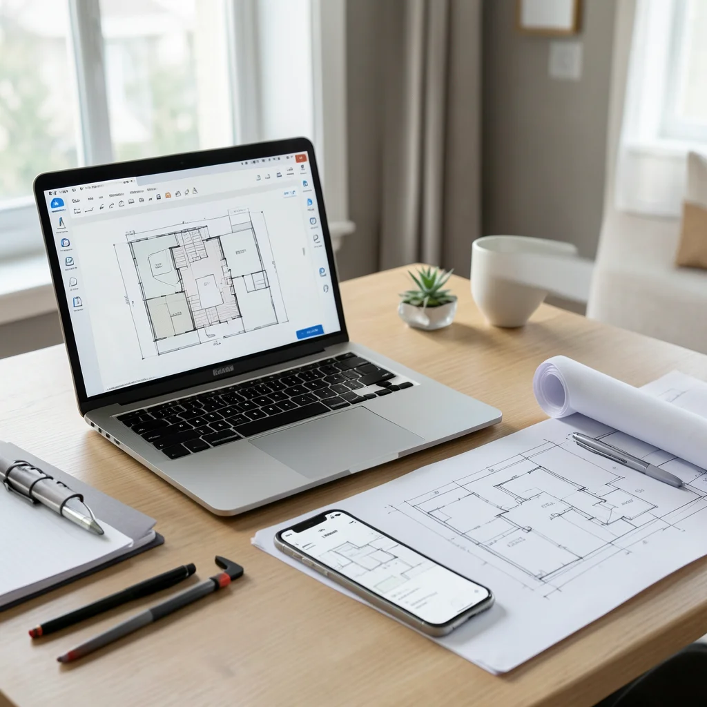 Collection of planning tools including laptop with floor plan, phone app, and blueprint