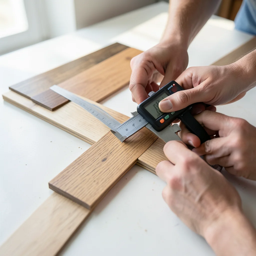 Hands measuring room with digital caliper and flooring samples nearby