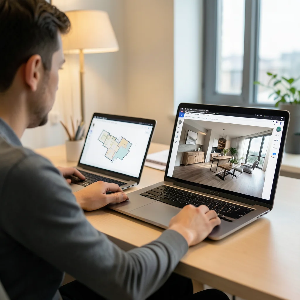 Person comparing two laptop screens showing different flooring planner tools