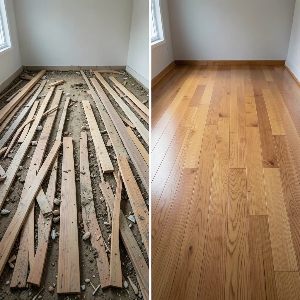 Split view showing messy flooring installation versus clean planned layout