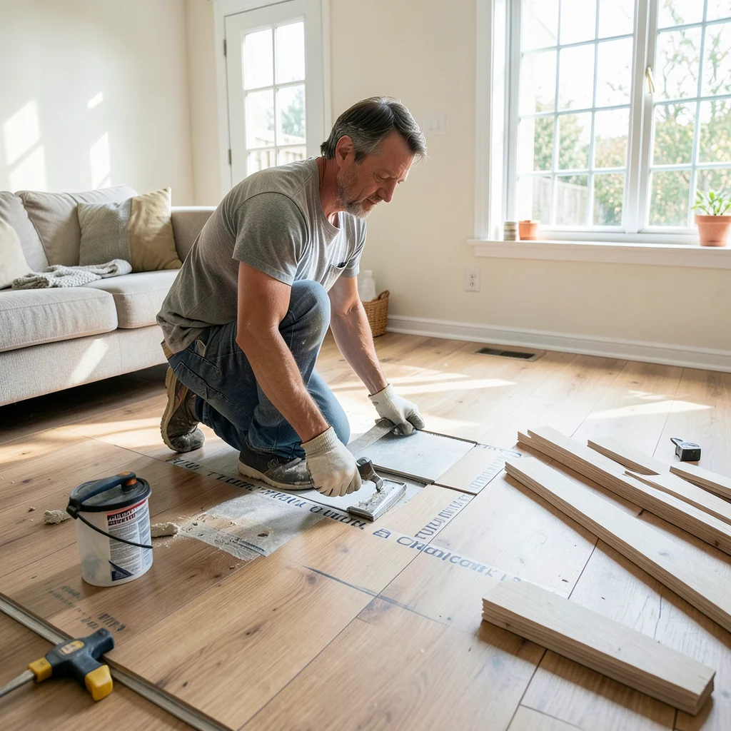 DIY flooring installation process comparing hardwood and laminate methods