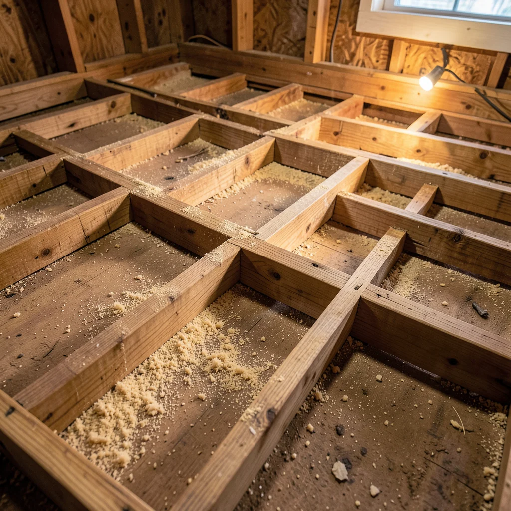 Hardwood floor planks laid perpendicular across exposed floor joists during installation