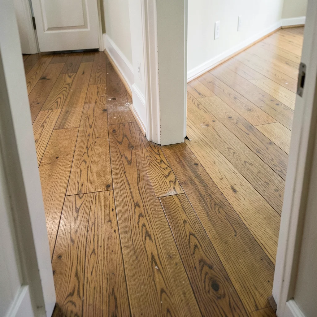 Doorway transition showing hardwood planks changing direction between rooms as a common installation mistake