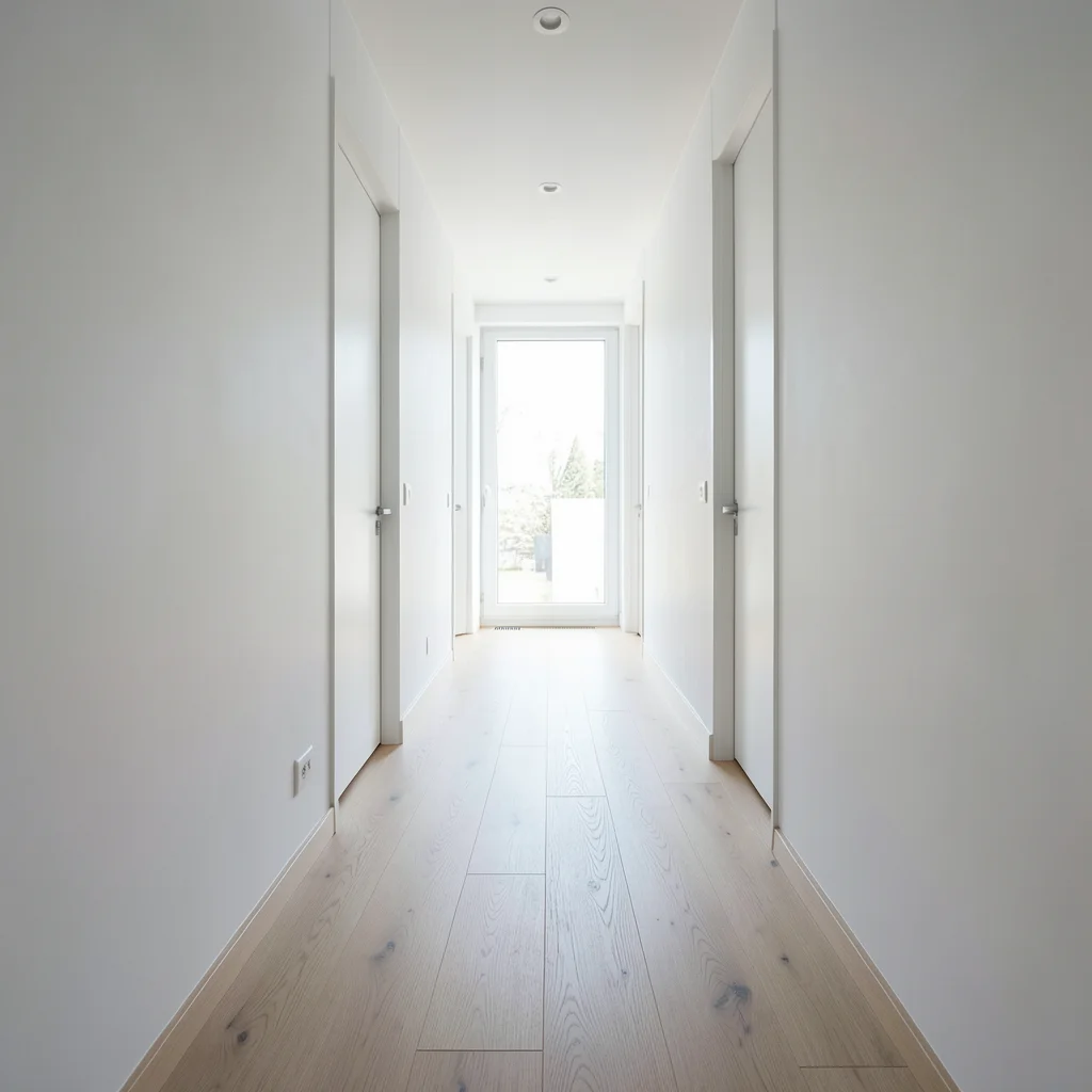 Long narrow hallway with hardwood flooring planks running lengthwise toward a bright window