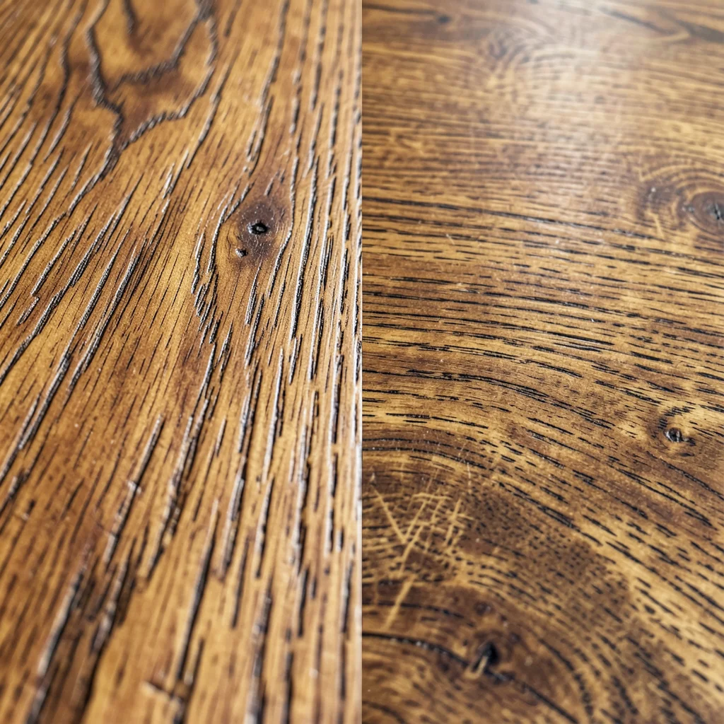 Close-up of hardwood and laminate flooring surfaces showing durability differences
