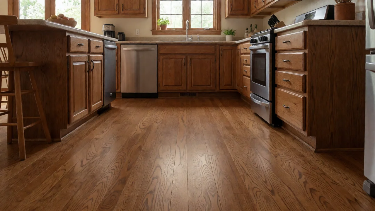 Traditional kitchen with solid hardwood flooring in medium brown finish
