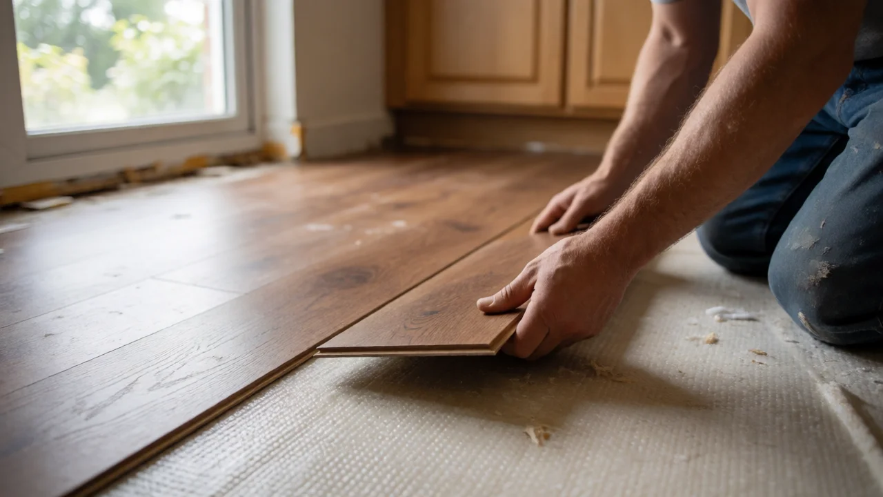 Installing luxury vinyl plank flooring with click-lock mechanism in kitchen