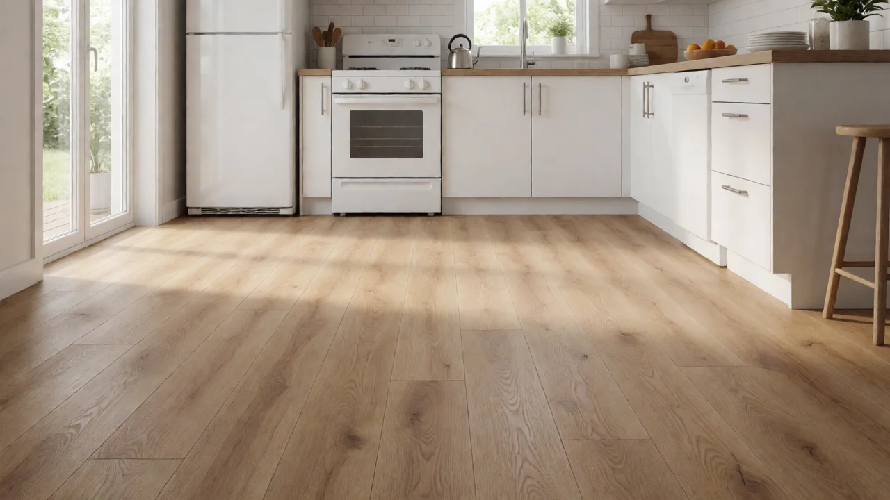Waterproof laminate flooring in modern kitchen with white appliances