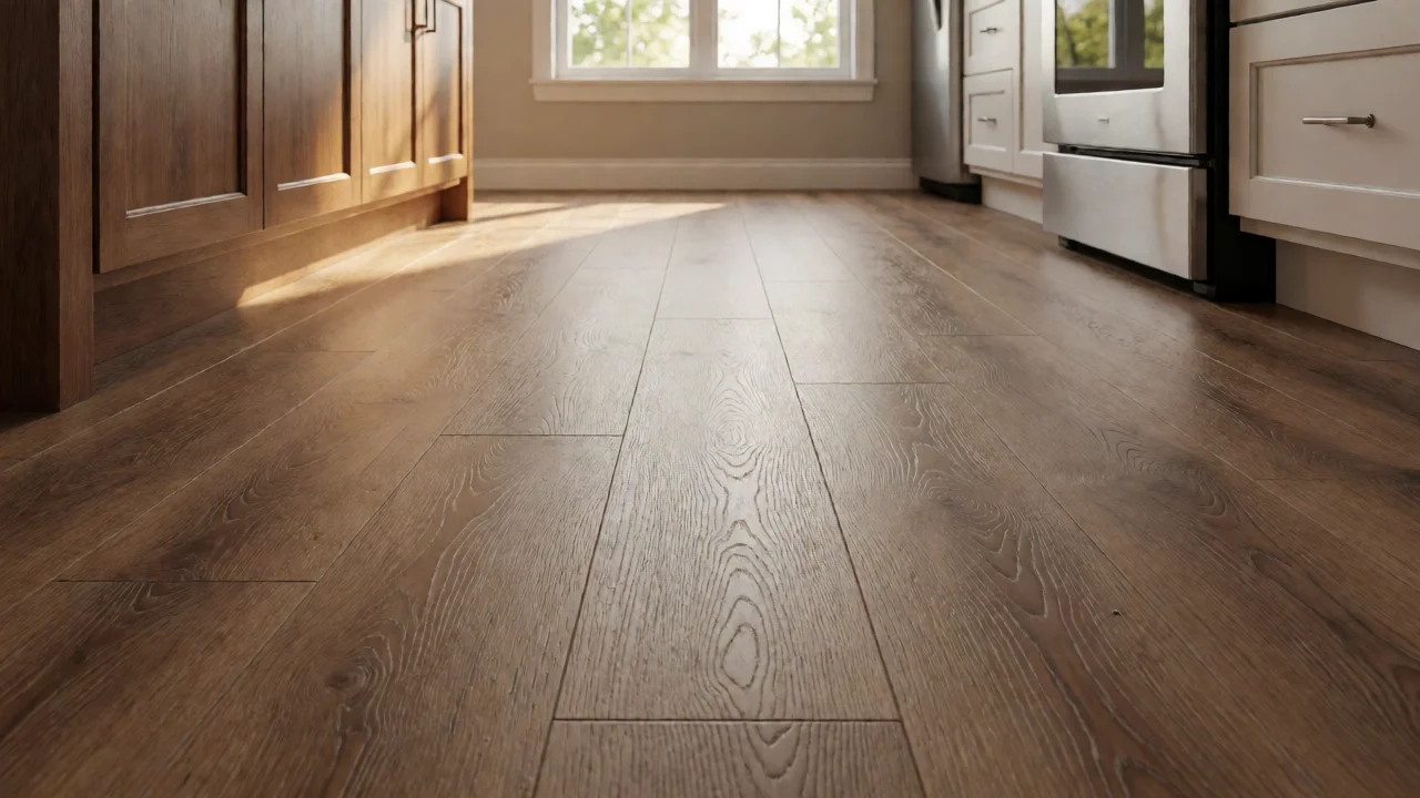 Luxury vinyl plank flooring detail showing waterproof surface in kitchen