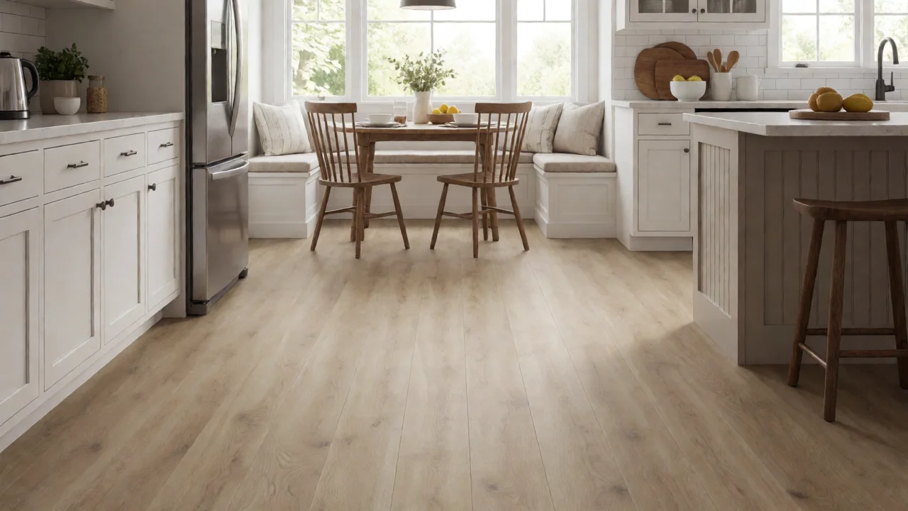 Seamless sheet vinyl flooring in bright eat-in kitchen