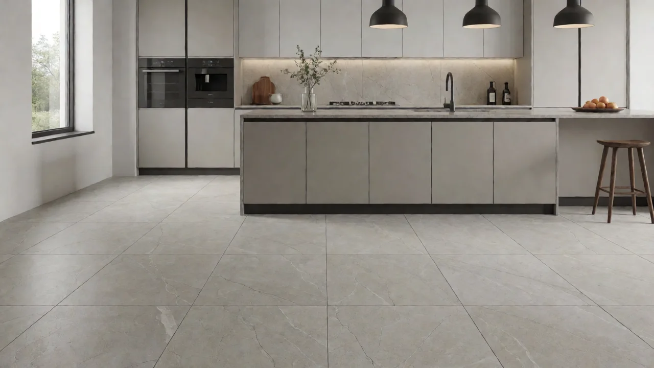 Porcelain tile flooring in modern kitchen with island and pendant lights