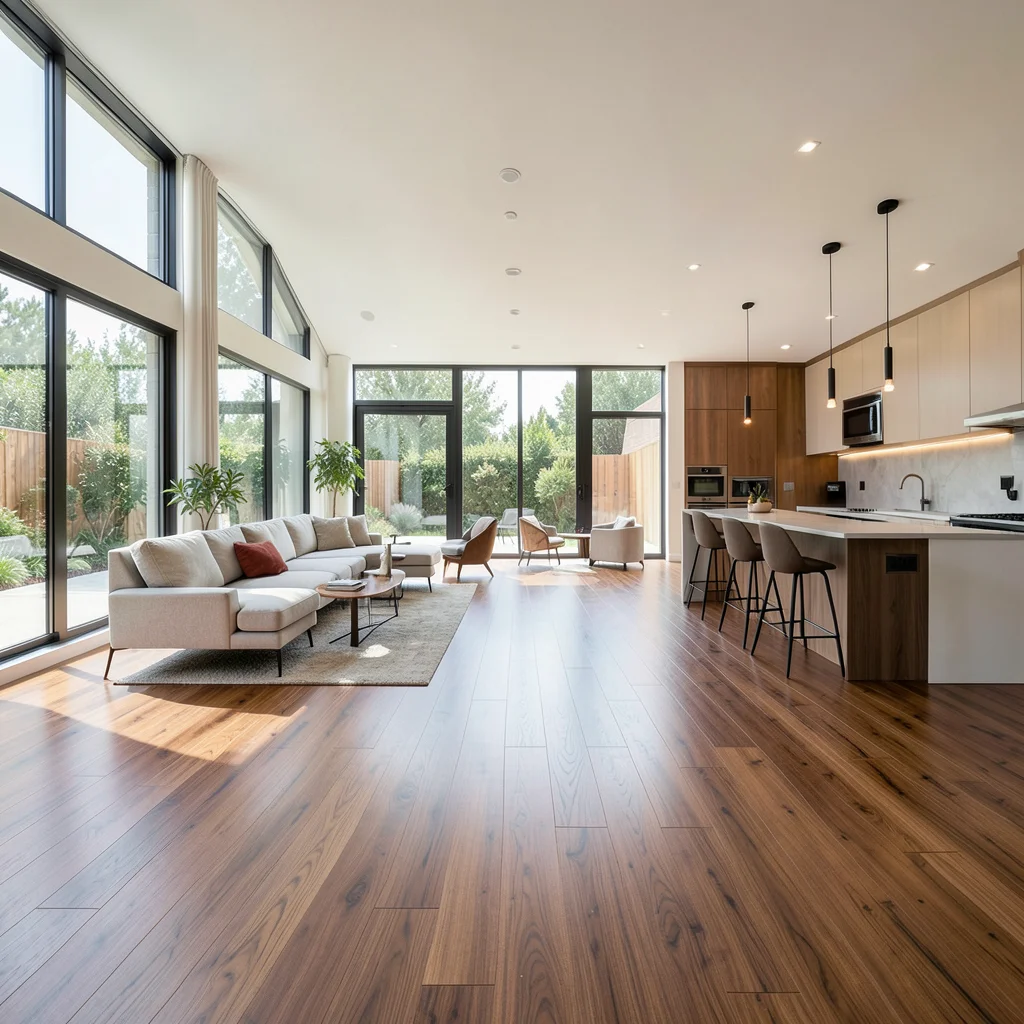 Open concept living room and kitchen with hardwood flooring flowing in one consistent direction