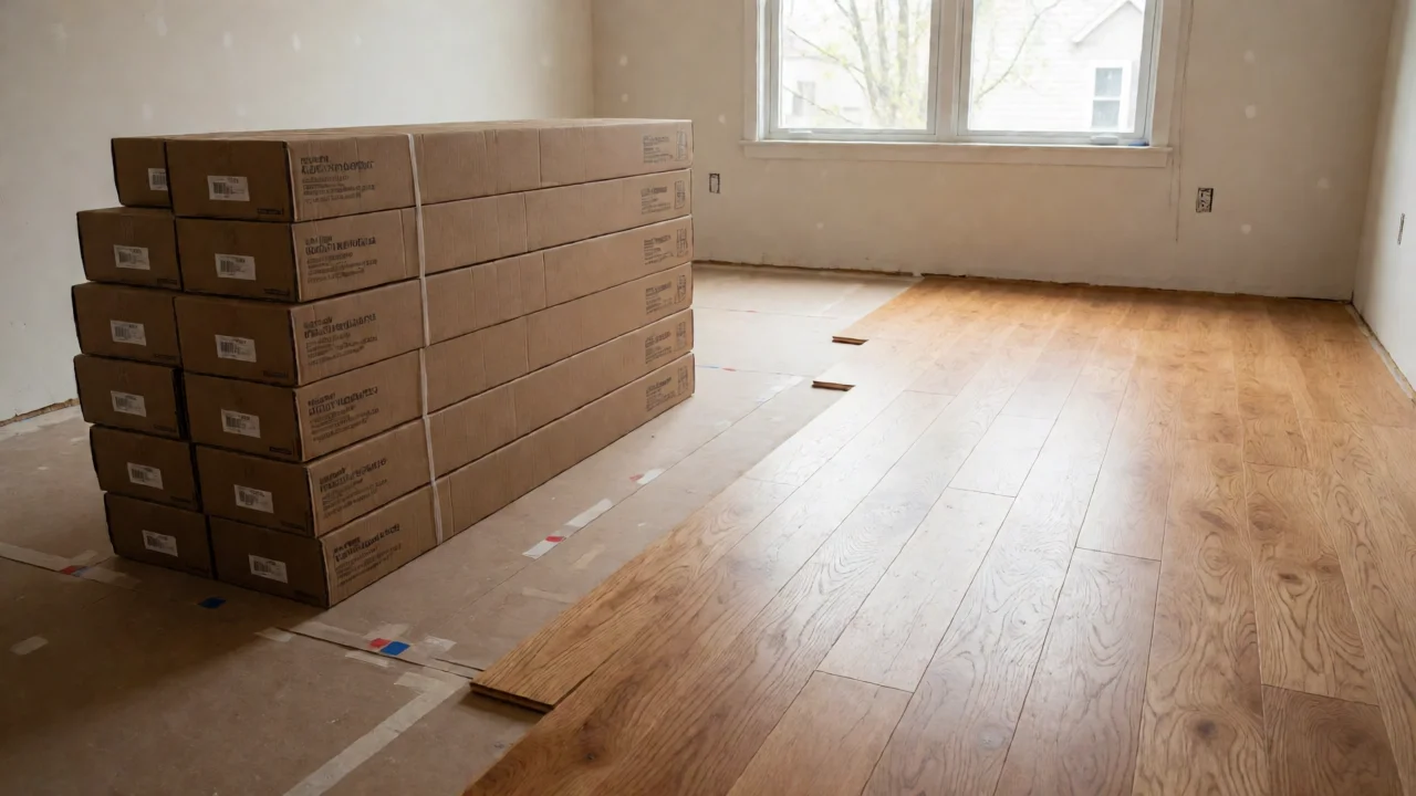 Stack of hardwood flooring boxes next to partially installed floor