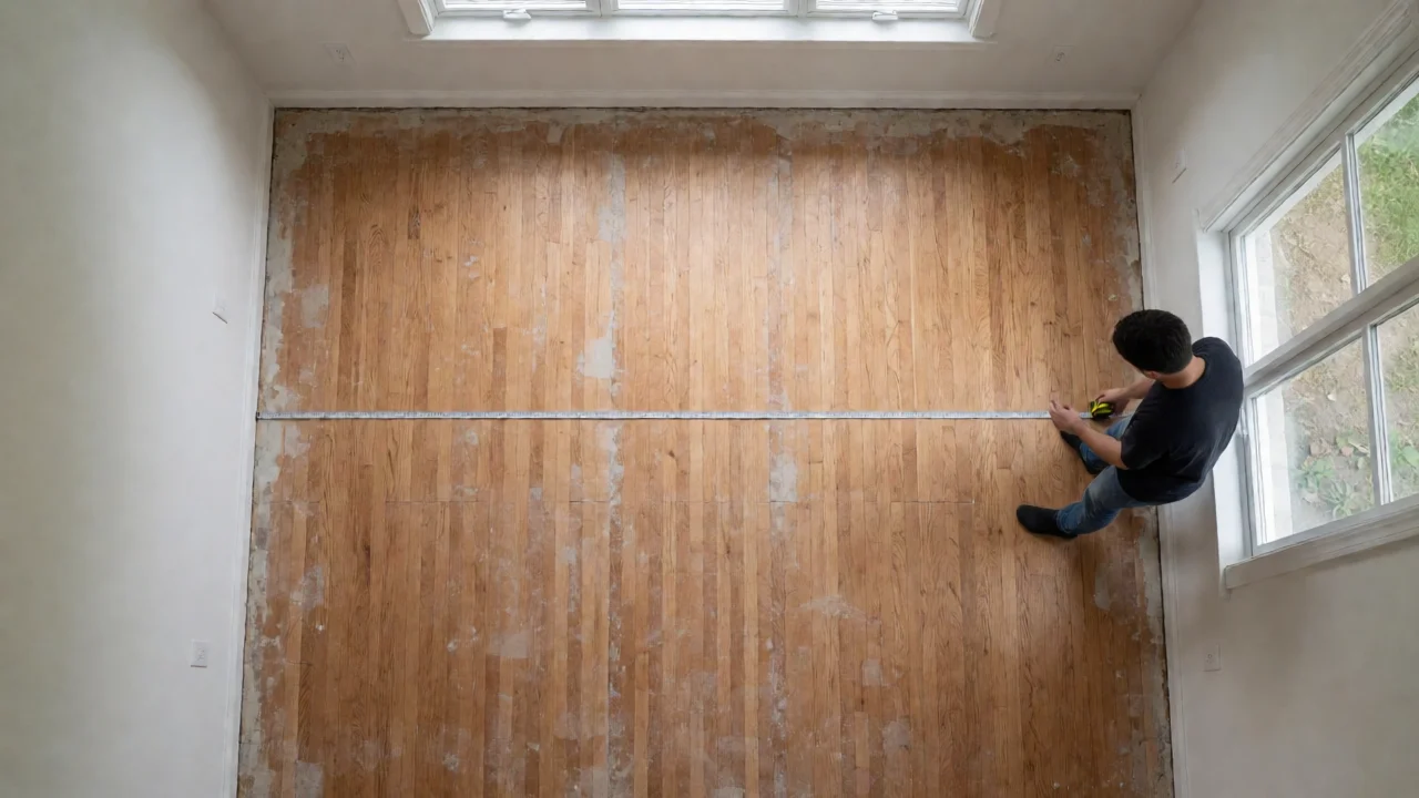 Using a tape measure to measure room dimensions for flooring material calculation