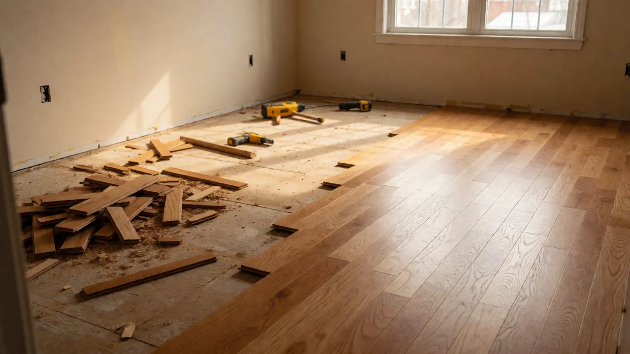Flooring installation project stopped mid-work with scattered cut-off pieces showing the cost of waste