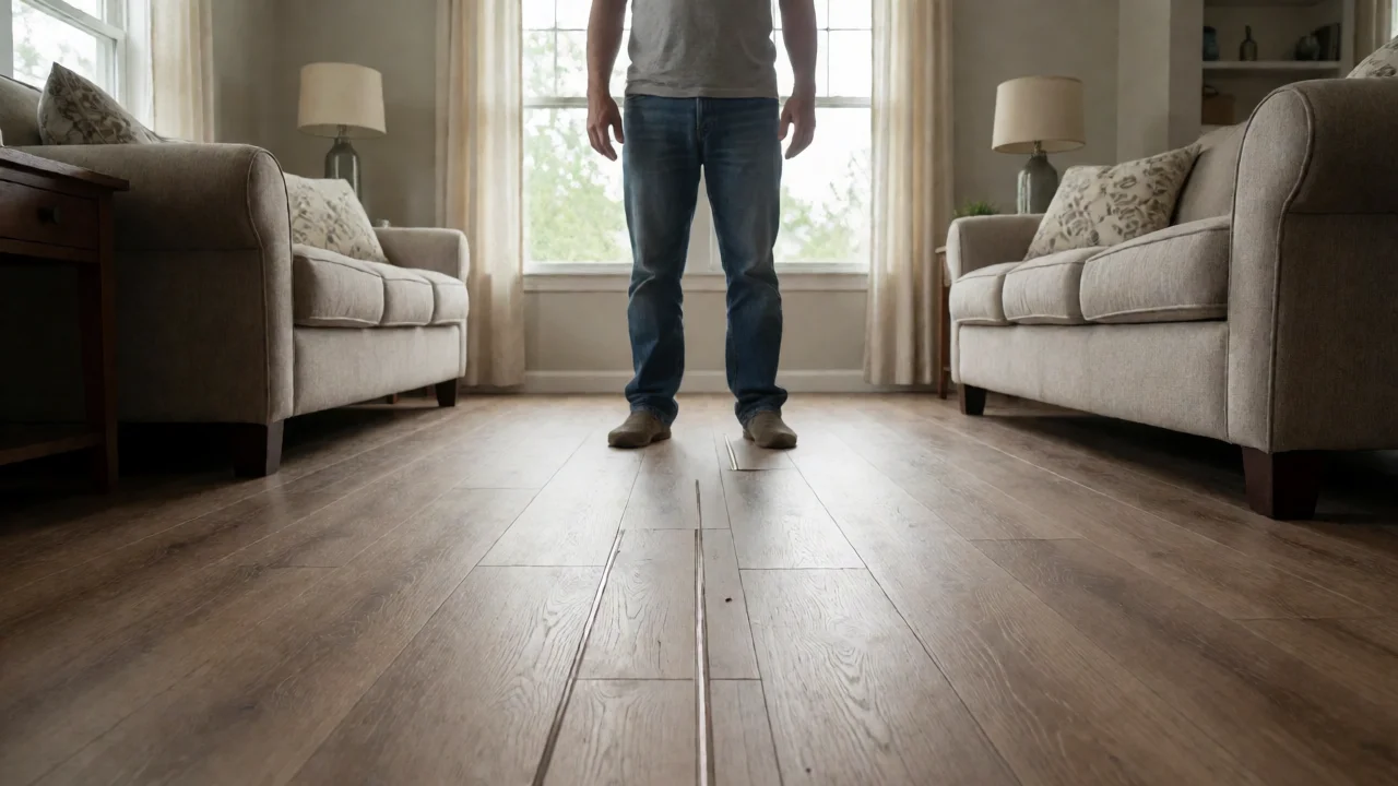 Homeowner standing in room looking at badly installed vinyl plank flooring with visible gaps and uneven seams