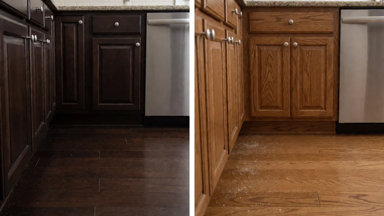 Dark hardwood floors showing dust and crumbs contrasted with mid-tone oak